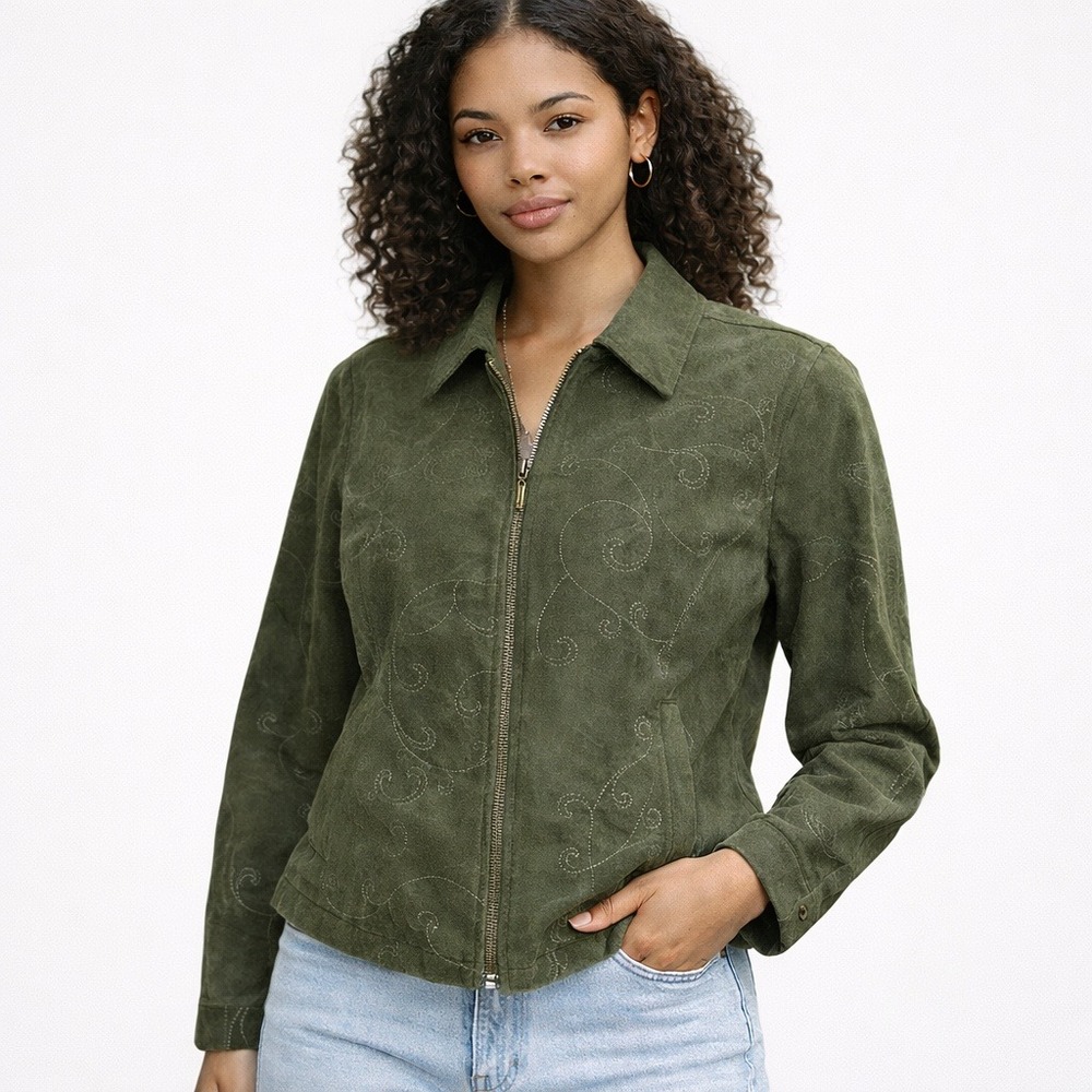 Croft & Barrow Olive Green Embroidered Faux Suede Zip Jacket Petite Large‎